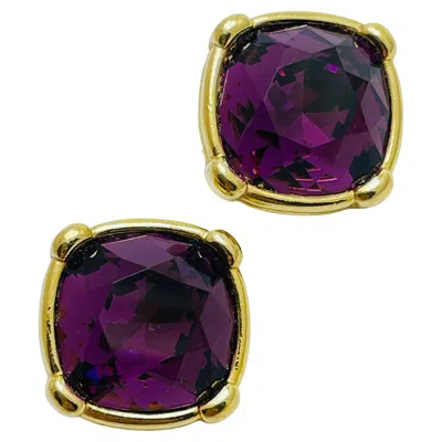 Pre-owned Swarovski Signed Gold Amethyst Crystal Designer Runway Clip On Earrings In Purple