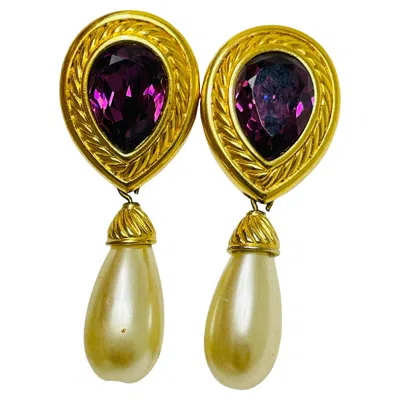 Pre-owned Swarovski Signed Gold Amethyst Crystal Pearl Designer Earrings In Purple