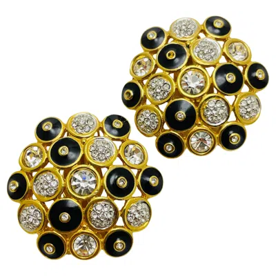 Pre-owned Swarovski Signed Gold Crystal Enamel Designer Runway Clip On Earrings In Multi