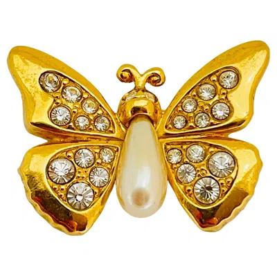 Pre-owned Swarovski Signed Gold Pearl Crystals Butterfly Designer Runway Brooch In Multi