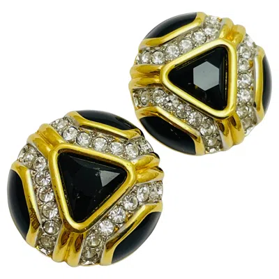 Pre-owned Swarovski Signed Gold Plated Black Crystals Designer Runway Clip On Earrings