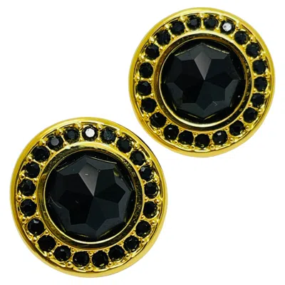 Pre-owned Swarovski Signed Gold Plated Black Crystals Designer Runway Earrings