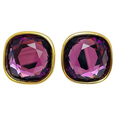 Pre-owned Swarovski Signed Vintage Gold Plated Amethyst Crystal Designer Clip On Earrings In Purple