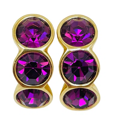 Pre-owned Swarovski Signed Vintage Gold Plated Amethyst Crystals Designer Clip On Earrings In Purple