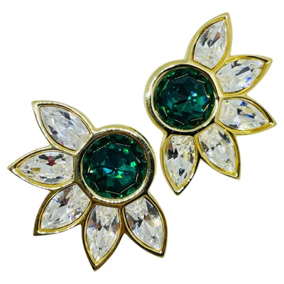 Pre-owned Swarovski Signed Vintage Gold Plated Emerald Crystal Designer Clip On Earrings In Green
