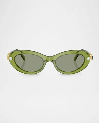 Swarovski Sk6042 Oval Embellished Sunglasses In Transparent Green