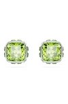 Swarovski Rhodium Plated Square Cut Color Birthstone Stud Earrings In Green