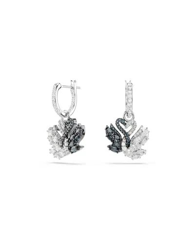 SWAROVSKI SWAN BLACK, RHODIUM PLATED DROP EARRINGS