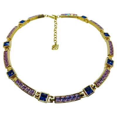 Pre-owned Swarovski Swan Logo Signed Gold Plated Amethyst Crystal Designer Necklace In Purple