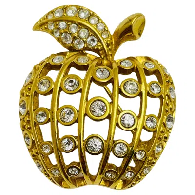 Pre-owned Swarovski Swan Logo Signed Gold Plated Crystal Apple Designer Brooch In Multi