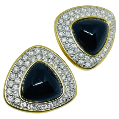 Pre-owned Swarovski Swan Logo Signed Vintage Gold Plated Crystal Designer Clip On Earrings In Multi