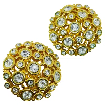 Pre-owned Swarovski Swan Logo Signed Vintage Gold Plated Crystal Designer Clip On Earrings In Multi