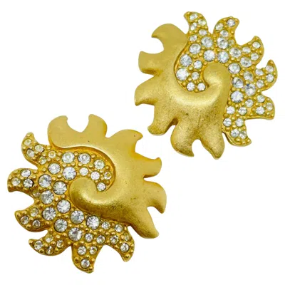 Pre-owned Swarovski Swan Logo Signed Vintage Gold Plated Crystal Designer Clip On Earrings In Multi