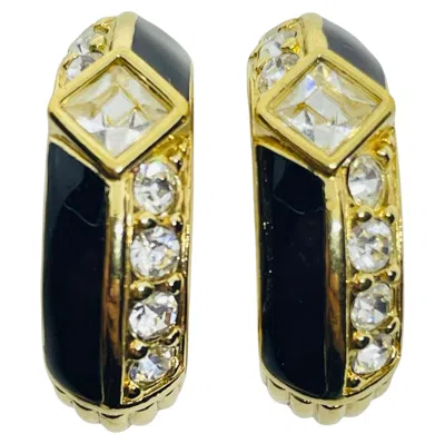 Pre-owned Swarovski Swan Mark Vintage Gold Plated Crystals Enamel Designer Clip Earrings In Multi