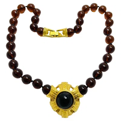 Pre-owned Swarovski Swan Signed Gold Glass Beaded Etruscan Style Designer Necklace In Multi