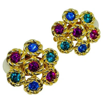 Pre-owned Swarovski Swan Signed Gold Plated Crystals Flower Designer Clip On Earrings In Multi