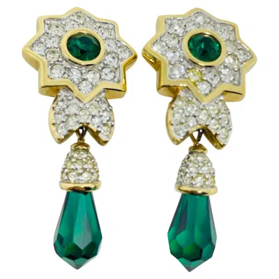 Pre-owned Swarovski Swan Signed Gold Plated Emerald Crystal Drop Designer Clip On Earrings In Green