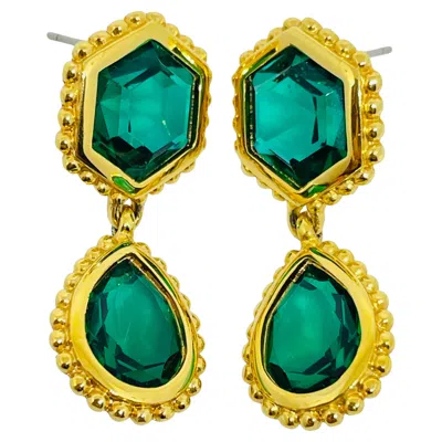 Pre-owned Swarovski Swan Signed Gold Plated Emerald Crystal Drop Designer Earrings In Green