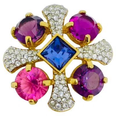Pre-owned Swarovski Swan Signed Gold Plated Pink Crystals Maltese Cross Designer Brooch