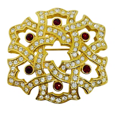 Pre-owned Swarovski Swan Signed Gold Plated Ruby Red Crystals Designer Brooch