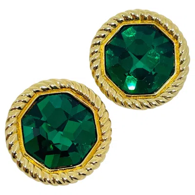 Pre-owned Swarovski Swan Signed Vintage Gold Emerald Crystals Designer Clip On Earrings In Green