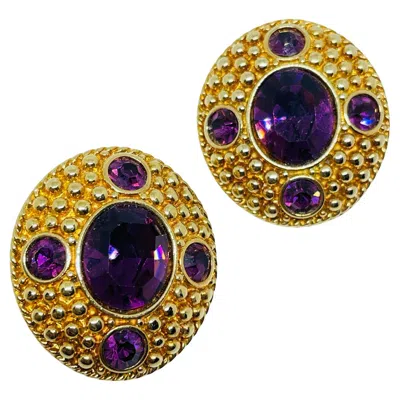 Pre-owned Swarovski Swan Signed Vintage Gold Plated Amethyst Crystal Clip On Earrings In Purple