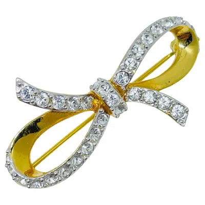 Pre-owned Swarovski Swan Signed Vintage Gold Plated Crystals Bow Designer Brooch In Multi