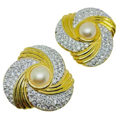 Pre-owned Swarovski Swan Signed Vintage Gold Plated Crystals Pearl Designer Clip Earrings In Multi