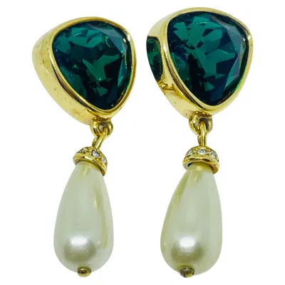 Pre-owned Swarovski Swan Signed Vintage Gold. Plated Emerald Crystal Drop Pearl Earrings In Green