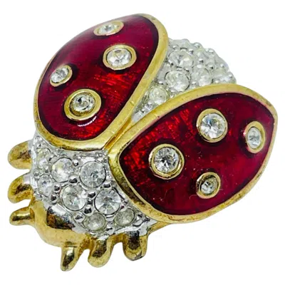 Pre-owned Swarovski Swan Signed Vintage Gold Plated Enamel Crystal Ladybug Designer Brooch In Multi