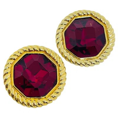 Pre-owned Swarovski Swan Signed Vintage Gold Ruby Red Crystals Designer Clip On Earrings