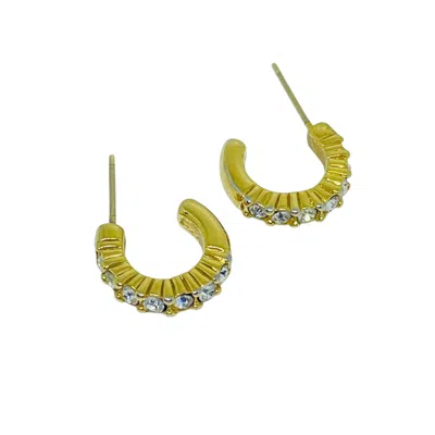 Pre-owned Swarovski Swan Signed Vintage Gold Tone Crystals Designer Small Hoop Earrings In Multi