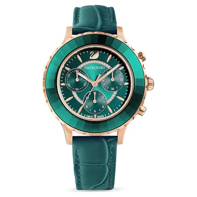Pre-owned Swarovski Swrovski Crystal Octea Lux Chrono Watch Leather Strap Rose Gold Green 5452498