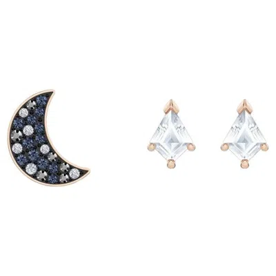 Pre-owned Swarovski Symbolic Rose Gold Tone White Blue Moon Crystal Pierced Earrings Set