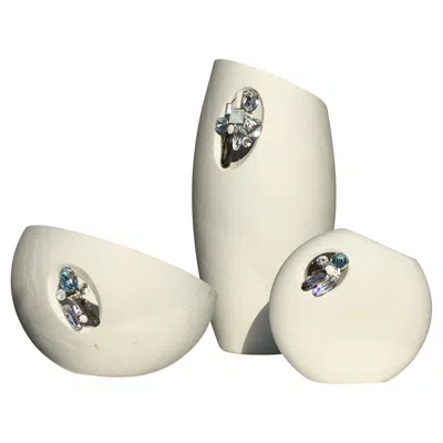Pre-owned Swarovski Tro Of  Porcelain & Jeweld Crystal “milik” Vases Rare Sold Out Edition In Sand