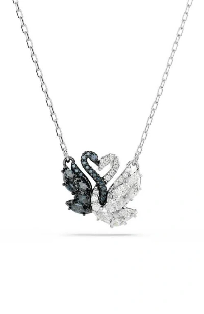 Swarovski Swan Black, Rhodium Plated Pendant Necklace In Metallic