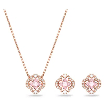 Swarovski Una Earrings And Necklace Set Clover Pink Rose Gold-tone Plated