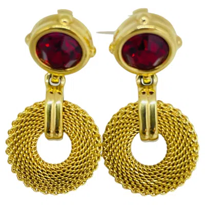 Pre-owned Swarovski Vintage Gold Plated Red Crystal Dangle Designer Clip On Earrings