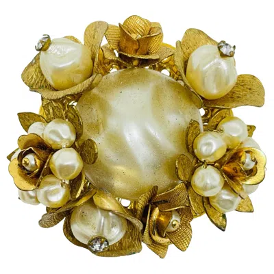 Pre-owned Swarovski Vintage Gold Tone Faux Pearl Flower Possible Haskell Designer Brooch In Multi