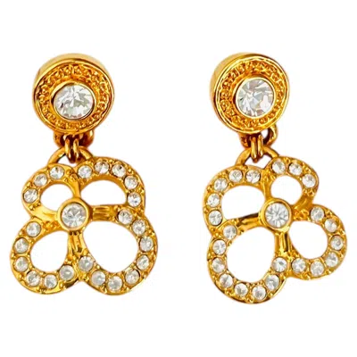 Pre-owned Swarovski Vintage Openwork Floral Pansy Clover Crystals Gold Pierced Earrings In Multiple