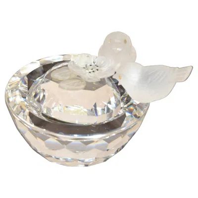 Pre-owned Swarovski Vintage  Crystal Faceted Round Two Birds Bath Bowl Heart Lid Figurines In Sand