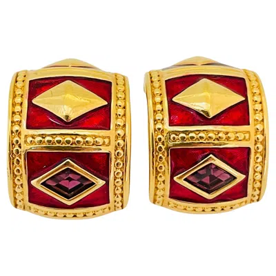 Pre-owned Swarovski Vintage  Gold Crystal Enamel Etruscan Designer Runway Clip On Earrings In Multi