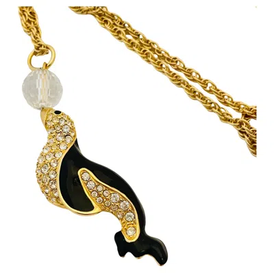 Pre-owned Swarovski Vintage  Gold Crystal Enamel Seagull Pendant Designer Necklace In Multi