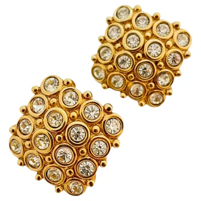 Pre-owned Swarovski Vintage  Gold Rhinestone Designer Runway Pierced Earrings In Multi