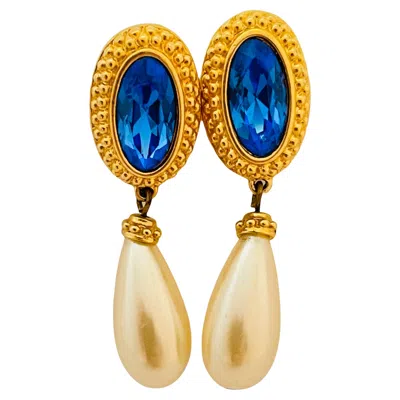 Pre-owned Swarovski Vintage  Swan Gold Blue Crystal Drop Pearl Designer Runway Earrings
