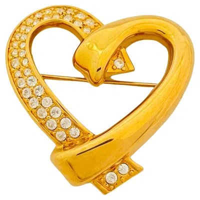 Pre-owned Swarovski Vintage  Swan Gold Crystal Heart Designer Runway Brooch In Multi