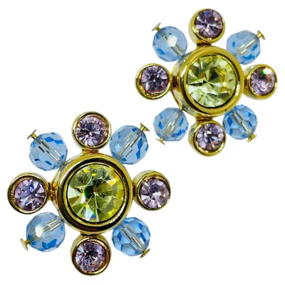 Pre-owned Swarovski Vintage  Swan Gold Plated Crystals Flowers Designer Pierced Earrings In Multi