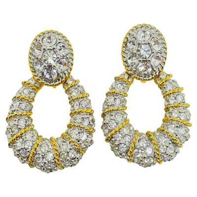 Pre-owned Swarovski Vintage  Swan Gold Plated Pave Crystals Door Knocker Clip Earrings In Multi
