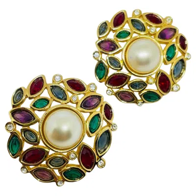 Pre-owned Swarovski Vintage  Swan Signed Gold Plated Crystals Pearls Designer Earrings In Multi