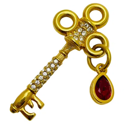 Pre-owned Swarovski Vintage  Swan Signed Gold Plated Dangle Crystals Key Designer Brooch In Multi